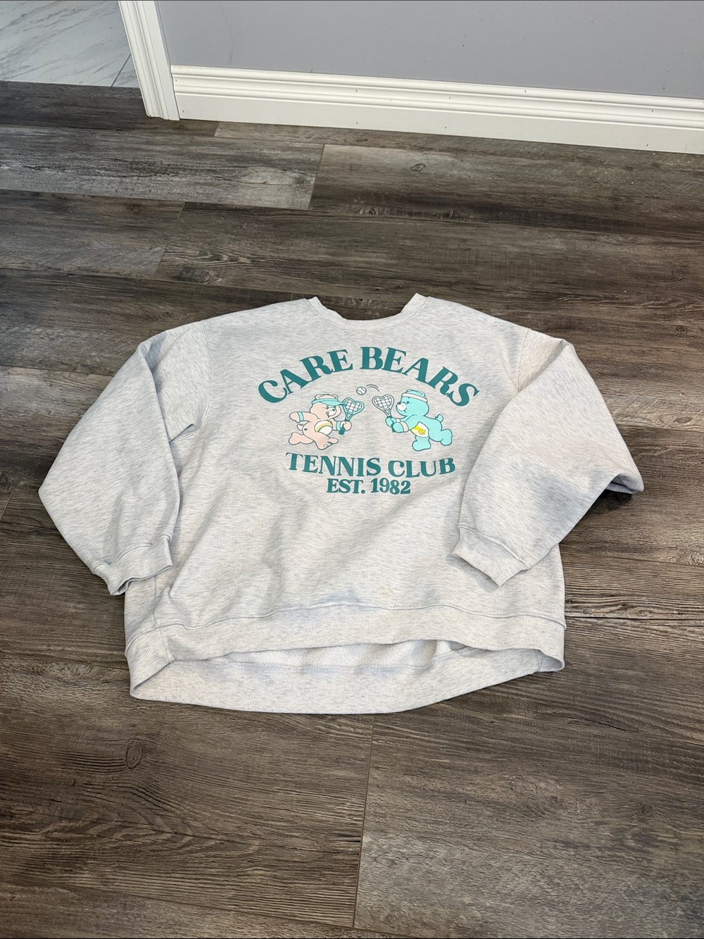 Care Bears Light Gray Crewneck Sweater with Teal & Pastel Graphic